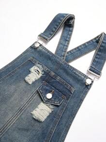 Manfinity Hypemode Men's Distressed Street Wear Plain Denim Overalls With Pockets And Wide Straps, For Friends, Going Out Going Out Hang Out Commute Work Street, Emo Style - Blue - View 4