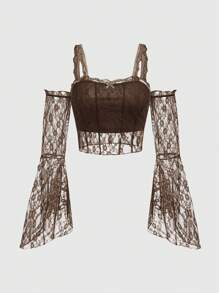 ROMWE Fairycore Contrast Lace Cold Shoulder Top - Coffee Brown - View 1
