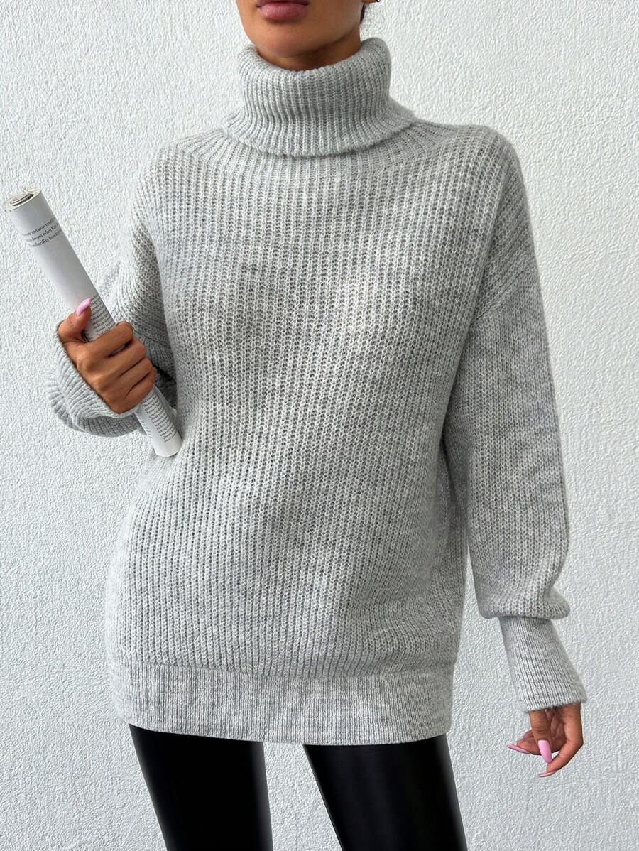 EURMUSE Maglione semplice a collo alto a tinta unita, maniche lunghe, per uso casual - Grigio - Visualizzare 1