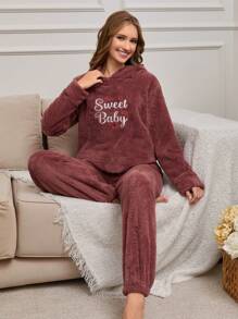 RueChic 2Pcs Pelush Slogan Embroidery Detail Hoodie And Long Bottom Lounge Set - Rusty Rose - View 4