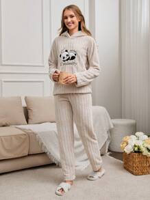 EURMUSE 2Pcs Pelush Panda Embroidery Detail PJ Set - Beige - View 4