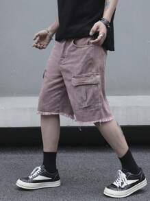 Manfinity EMRG 夏季男士纯色口袋流苏下摆休闲牛仔短裤 - 粉色 - 查看 4