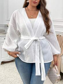 SHEIN Privé Plus Size Elegant Casual V-Neck Self Tie Waist Jacquard Textured Solid Color Jacket