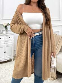 SHEIN Privé Plus Size Đi làm thanh lịch Áo len cardigan dài đến đầu gối có họa tiết thông thường, mùa thu - Màu Khaki - Xem 2