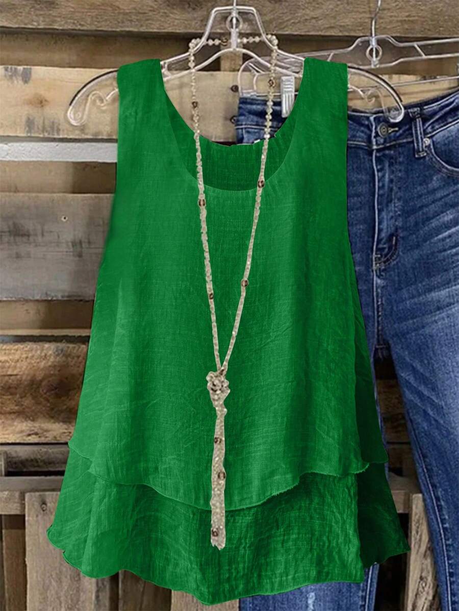 EMERY ROSE Solid Color Ruffle Lace Decorated Summer Casual Round Neck Tank Top