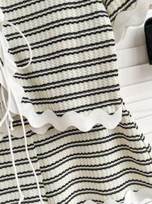 Soleia Casual Vacation Knit Striped Top With Front Tie Contrast Wavy Trim & Contrast Wavy Trim Shorts - White - View 4