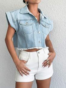 EURMUSE WOMEN SLEEVELESS CROP JACKET - Light Wash - View 5