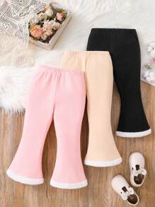 3pcs Girls' Plush Flare Hem Ankle Pants In Pink, Apricot And Black, Casual Long Leggings