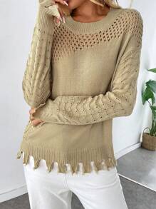 Chiquease Casual Loose Hollow-Out Knitted Sweater Top For Women, Spring Summer, Fall Winter - Camel - View 5