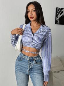 Chiquease Blue & White Striped Casual Daily Wear Short Sleeve Shirt - Blue - View 6