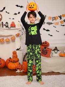 SHEIN Tween Boy Glow-In-The-Dark Cartoon Print Long Sleeve Top And Pants Relaxed Fit Flame Retardant Pajama Set, Daddy And Me Matching Outfits (3 Sets Sold Separately) - Black - View 4