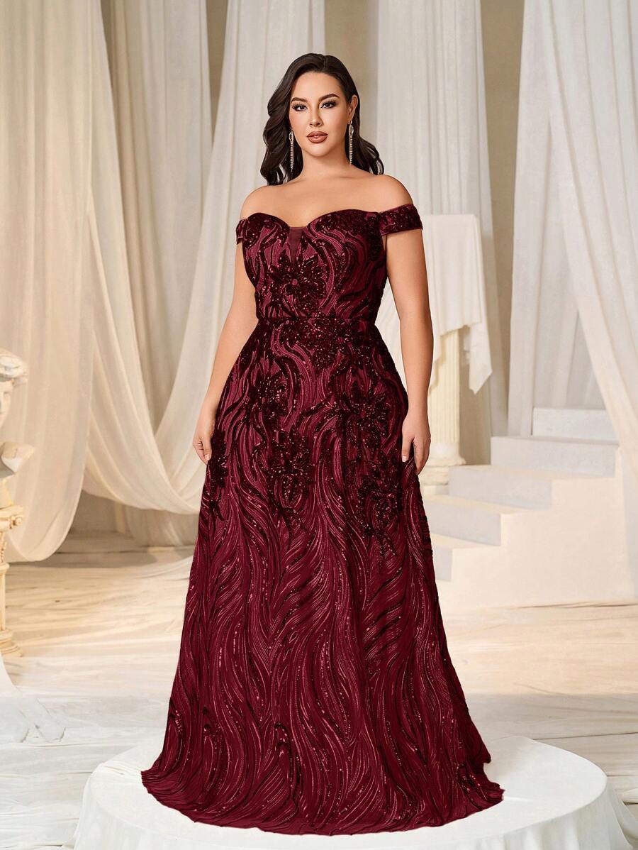 Đầm dạ hội thanh lịch, hở vai, cổ tim đính sequin dành cho nữ cỡ lớn - Màu Đỏ Sâu - Xem 1