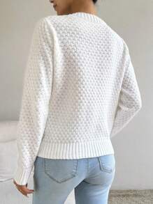 Chiquease Áo len chui đầu dệt kim dáng rộng cổ tròn trang trí hoa dành cho nữ, mùa Thu/Đông - trắng - Xem 2