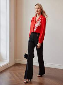 MOTF PREMIUM CLASSY LAPEL COLLAR EMBROIDERY FLORAL PATTERN LANTERN SLEEVE SHIRT - Red - View 5