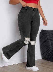 SHEIN EZwear Plus Size Women's Distressed Pockets Detail Flare Leg Casual Jeans - Grey - View 4