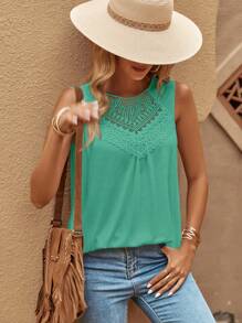 SHEIN Clasi Débardeur simple et élégant pour femmes, col rond, sans manches, avec broderie œillet et de couleur unie
