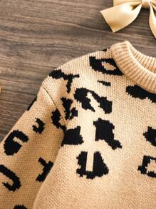 SHEIN Suéter de manga larga tejido con estampado de leopardo lindo para bebé niña, versátil para otoño e invierno - Camel - Ver 4
