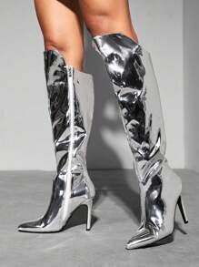 CUCCOO SZL Women's Fashion Silver Mirror Metal PU Pointed Toe High Heel Over-The-Knee Boots, Silver Patent Leather High Heel Straight Boots, T-Stage Show Thin High Heel Boots Halloween Witch Halloween Party Fall For Christmas And New Year Holiday Valentines