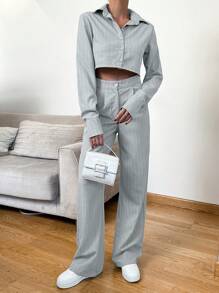 SHEIN Cottnline Striped Print Crop Blouse & Pants - Grey - View 3