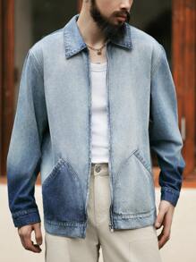 Manfinity Homme Men Ombre Zip Up Denim Jacket - Light Wash - View 3