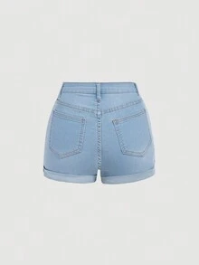 SHEIN 少女纯色简约休闲牛仔短裤 - 淺色水洗藍 - 查看 2