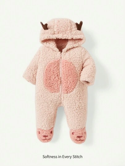 Cozy Pixies 新生儿女孩鹿角连帽厚连体衣，圣诞节