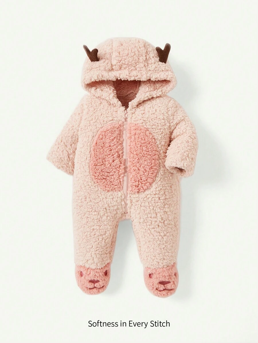 Cozy Pixies Bộ đồ liền thân dày trùm đầu hình sừng hươu cho bé gái sơ sinh, dành cho Giáng sinh - Hồng - Xem 1