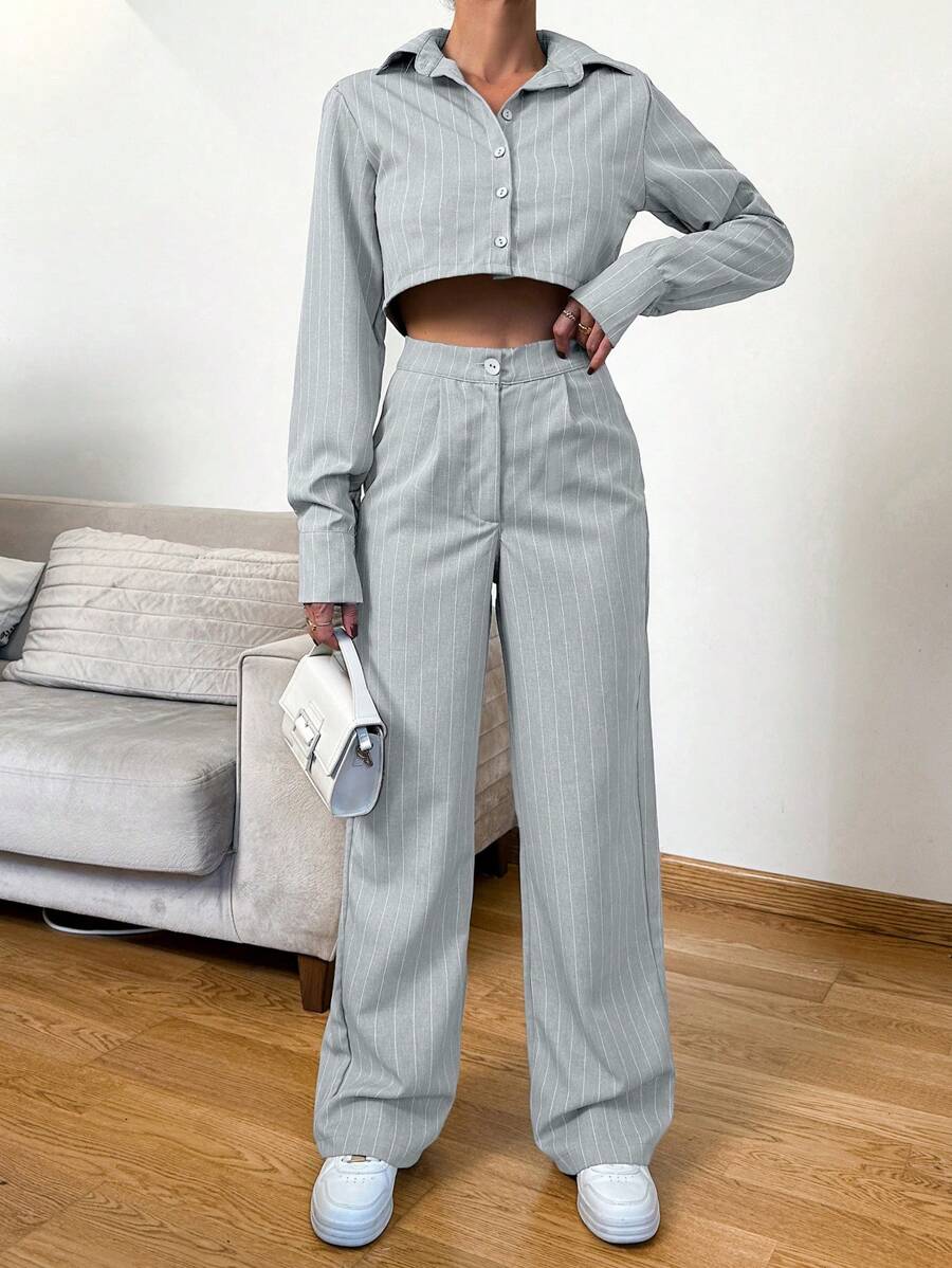 SHEIN Cottnline Striped Print Crop Blouse & Pants - Grey - View 1