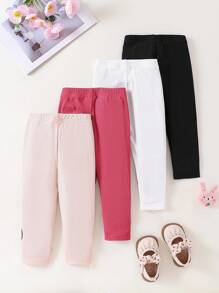 4pcs Baby Girls' Cute Ribbed Cat Printed Pants Set, Spring And Autumn