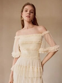 MOTF PREMIUM 多臂织网眼覆盖露肩褶皱紧身上衣层叠荷叶边长裙，女士装 - 杏色 - 查看 5