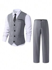 SHEIN 2 Piezas Traje formal para adolescentes varones que incluye Chaleco + Pantalón largo, conjunto elegante para ocasiones formales, fiesta de cumpleaños, baile de graduación, boda - Gris - Ver 1