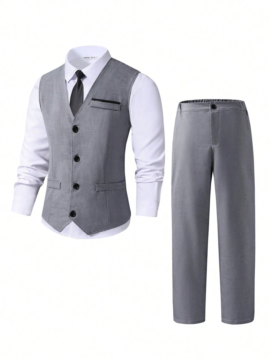 SHEIN 2 Piezas Traje formal para adolescentes varones que incluye Chaleco + Pantalón largo, conjunto elegante para ocasiones formales, fiesta de cumpleaños, baile de graduación, boda - Gris - Ver 1