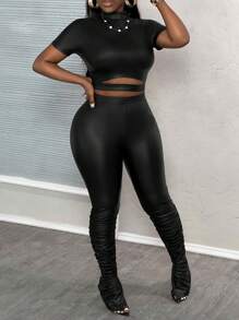 Slaydiva Sexy Hollow-Out Black PU Short Sleeve T-Shirt And Floor-Length Split Hem Tight Pants Set