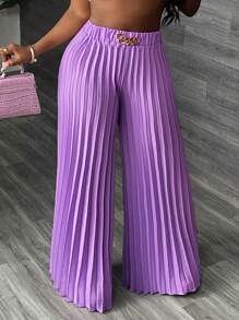 Slaydiva Women Purple Elegant Chain Decor Wide Leg Pants - Purple - View 1