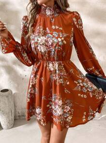 SHEIN Clasi Women's Autumn Long Sleeve Short Dress Fall Clothes - Rust Brown - View 6