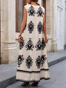 EMERY ROSE Ärmelloses Kleid mit Allover Muster und V-Ausschnitt, lässige Urlaubsmode