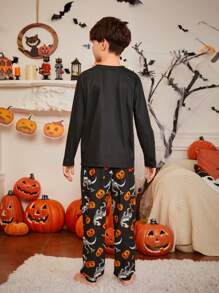 SHEIN Tween Boy Halloween Dinosaur Skeleton & Pumpkin Head Pattern Long Sleeve Top And Pants Knit Sleepwear 2-Piece Set, Daddy And Me Matching Outfits (3 Sets Sold Separately) - Black - View 2