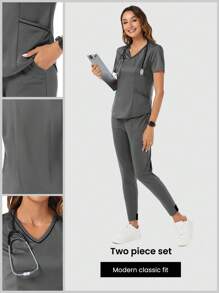 TaskEZ Women's Nurse Uniform Set, Including 2-Pockets Modern V-Neck Scrub Top & 2-Pockets Elastic Waist Pants Scrub Clothes Set - Grey - View 1
