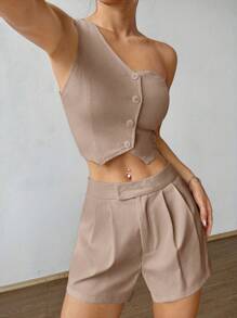 Flirla Women's Summer Solid Color Sleeveless Crop Top And Pleated Shorts Loose 2pcs Set