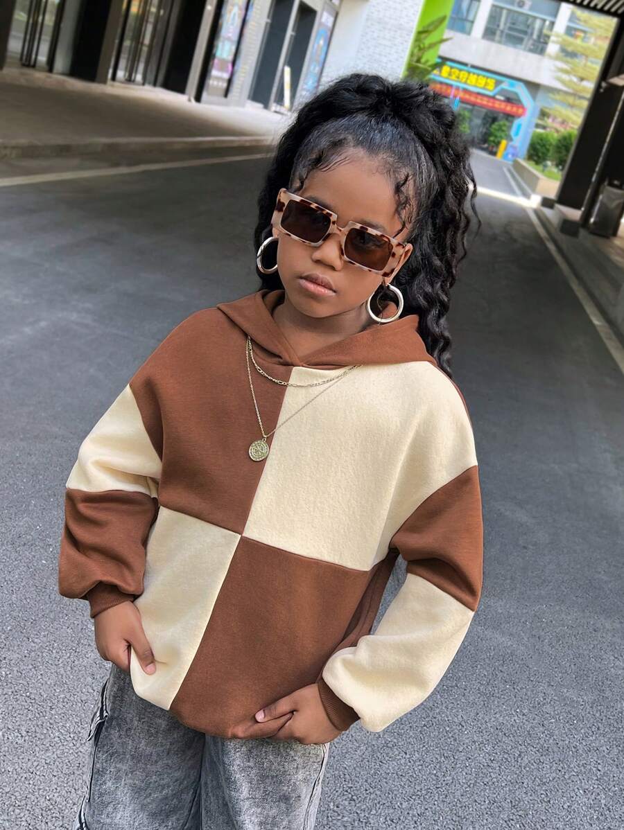 SHEIN Leap Crew Tween 女童拼色长袖休闲连帽套头衫 - 彩色 - 查看 1