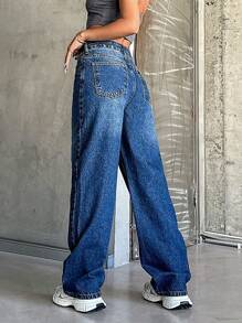 SHEIN Cottnline Low Waist Button Belt Detailed Straight Jean - Dark Wash - View 2