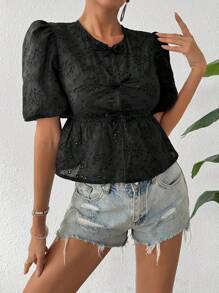Breezaya Hollow-Out Jacquard Tie Front Puff Sleeve Blouse - Black - View 6