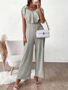 SHEIN Clasi Elegant, Commuting, Casual, Waisted, Ruffled Collar, Shoulder Tie Detail, Women Jumpsuit - Army Green - View 3