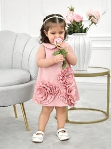 Vestido de gola floral 3D fofo sem mangas para bebês meninas, verão - Rosa - Ver 3