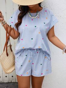 Calvaya Plus Size Women's Colorful Heart Print Striped Short Sleeve Top And Shorts 2pcs Set, Valentine, For Summer
