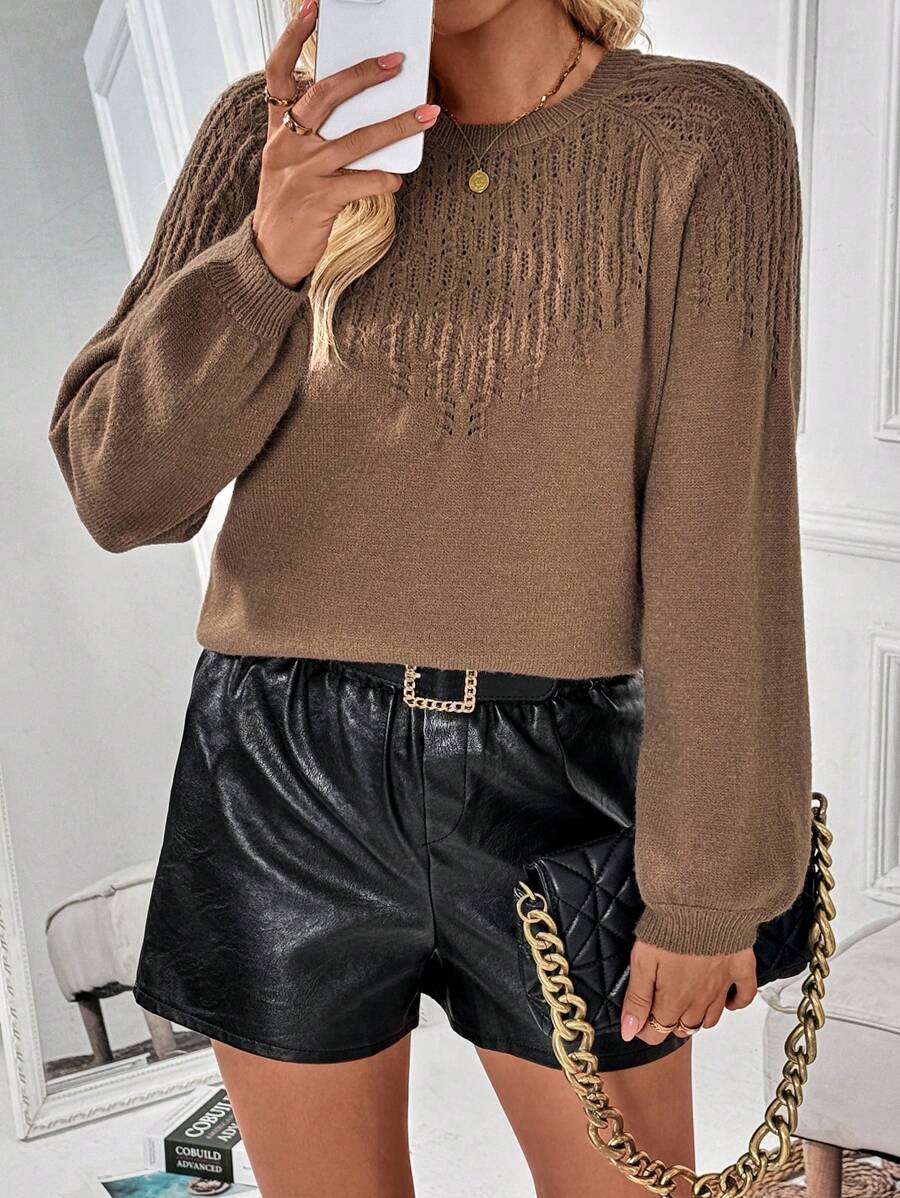 Chiquease Solid Color Crew Neck Long Sleeve Minimalist Sweater, Casual Wear, Knit Pullover Fall Winter - Brown - View 1