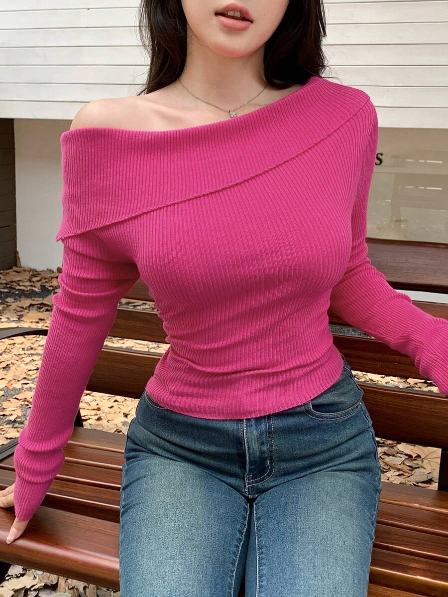 DAZY 1pc Off-Shoulder Fitted Knit Sweater,Long Sleeve Tops Fall - Hot Pink - View 1