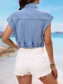 SHEIN LUNE Damska zapinana na guziki kamizelka dżinsowa z krótkim rękawem, modna w stylu streetwear - Jasny jeans - Zobacz 2