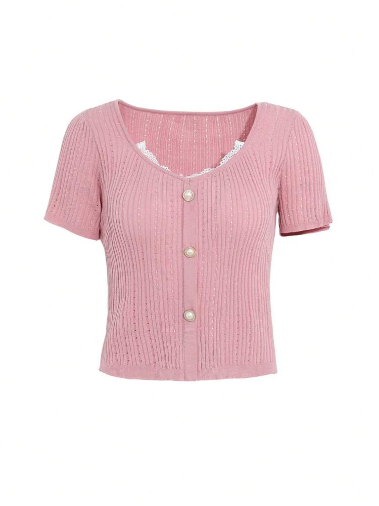 Women Lace Patchwork Short Sleeve Knit Top
