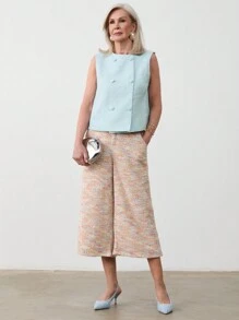 SHEIN LUNE بنطلون كابري نسائي فضفاض واسع الساق بجيوب وطباعة تعتيق - متعدد الألوان - مشاهدة 4